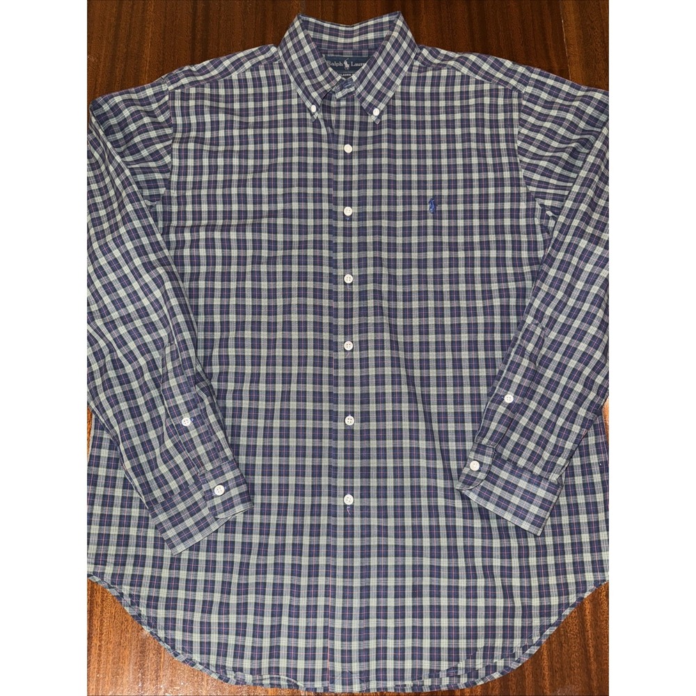 Ralph Lauren Shirt Men's L Blue Green Plaid Button-Down Embroidered Pony Logo - Picture 2 of 8